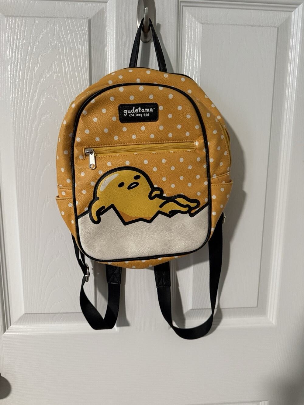 Gudetama Lazy Egg Mini Backpack Yellow Polka Dot Faux Leather Zip Closure